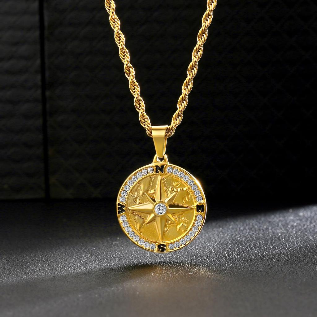 Coin Necklace Compass Pendant with French Rope Medal Gold Surgical Stainless Amulet Gift Box KRKC&CO 2.5mm Chain, Necklace, Plated, Steel,