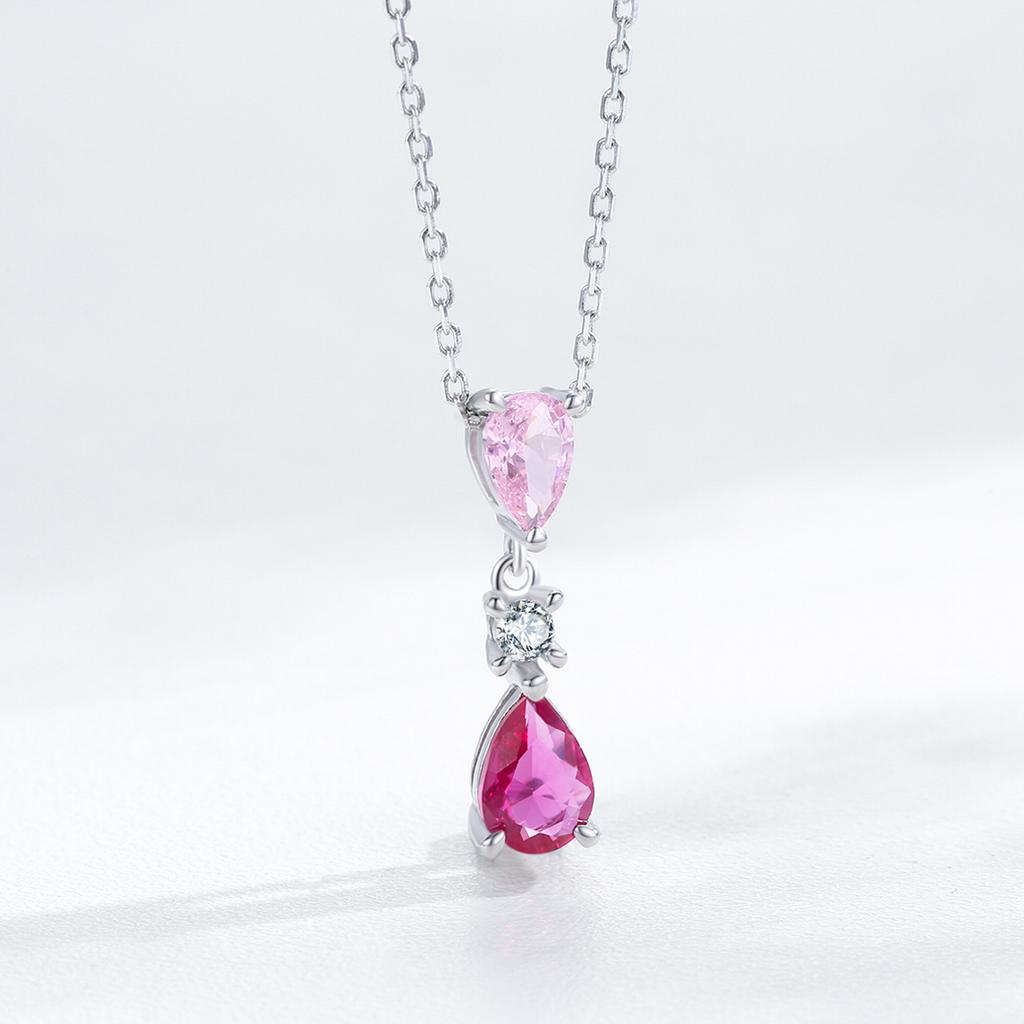 Ailmay Sterling Silver Water Droplet Sweet Pink Zircon Pendant Necklace for Women Romantic Valentine's Day Gift
