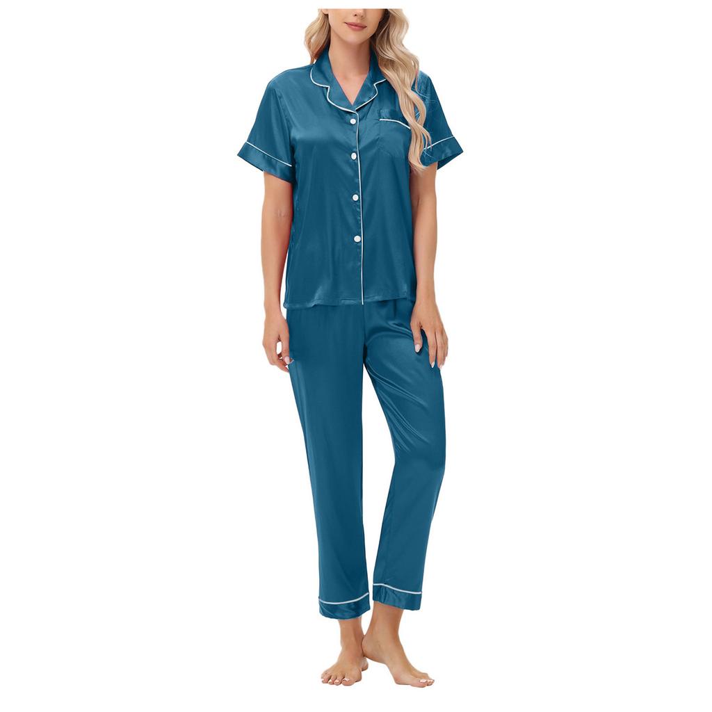 Amazon Independent Station Eisseiden-Pyjama Satin-Set Kurzarm Lange Hose Übergröße Damen Loungewear