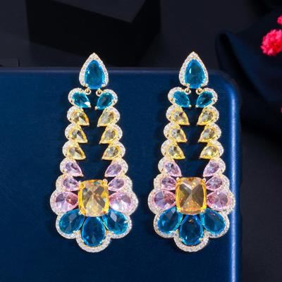CMM Pendientes colgantes llamativos de circonita cúbica multicolor bohemia de alta calidad