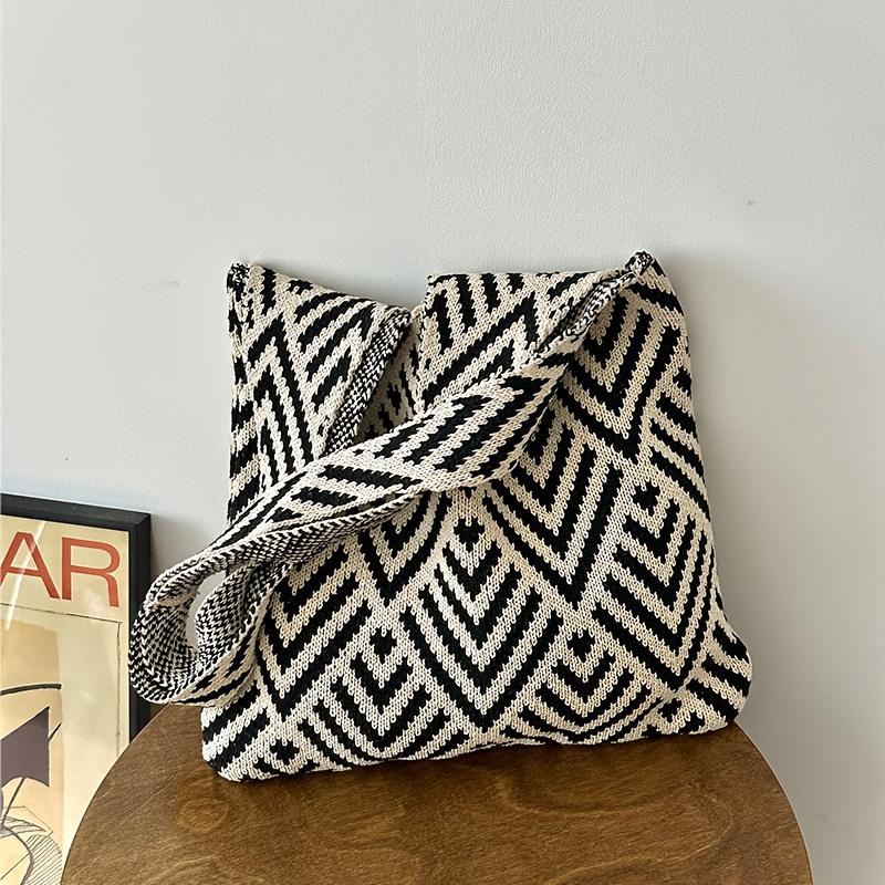 Fashion Geometric Contrast Color Handmade Knitted Handbag Women Minimalist Knot Shoulder Bag Summer Beach Bag