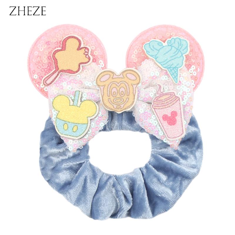 New Disney Mouse Ears Scrunchies Hairband Girl Ponytail Holder For Women Sequins Bows Headband  Women Trip DIY Accessories