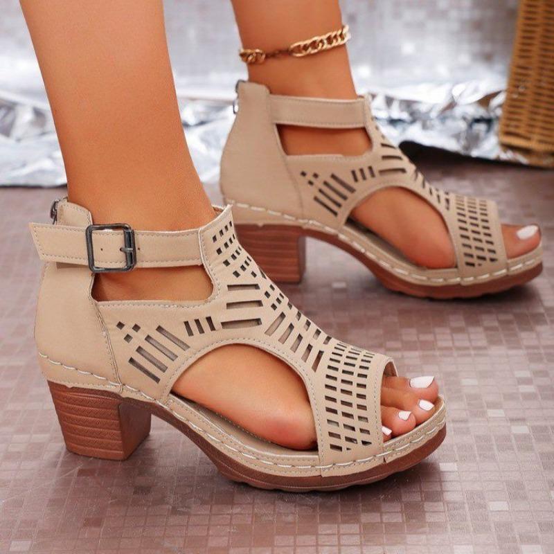 Large size thick heel sandals women's summer new TEUM word belt hollow sandals women