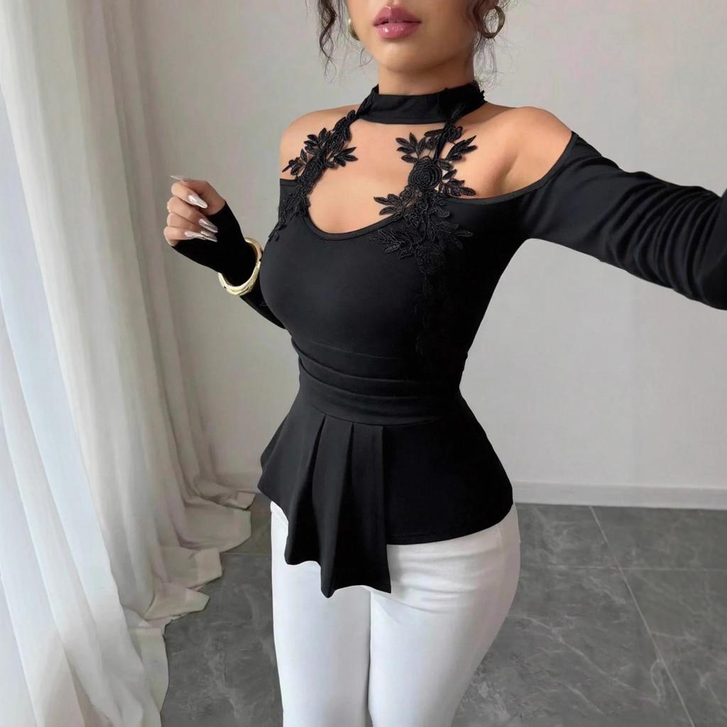 Spring Autumn Hollow Out Off Shoulder Applique Ruched Curved Hem Slim Flattering Versatile Top Fashion Casual Slim Fit Ladies Elegant Top
