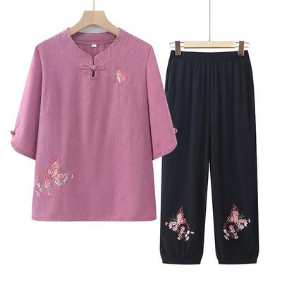 Grandma's Fashionable Cotton Linen Tang Suit Mid-Sleeve T-shirt for Elderly Women