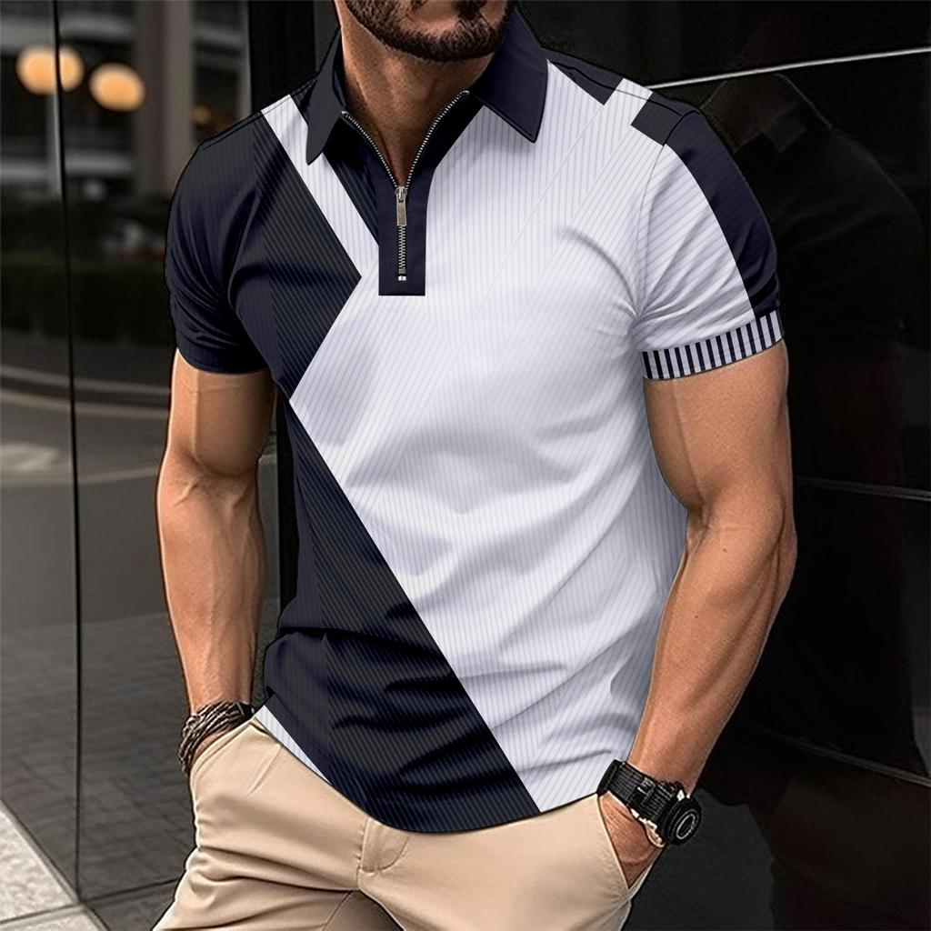 Men's Fashionable Slim-Fit Colour-Blocked Collared T-Shirt Polo Shirt