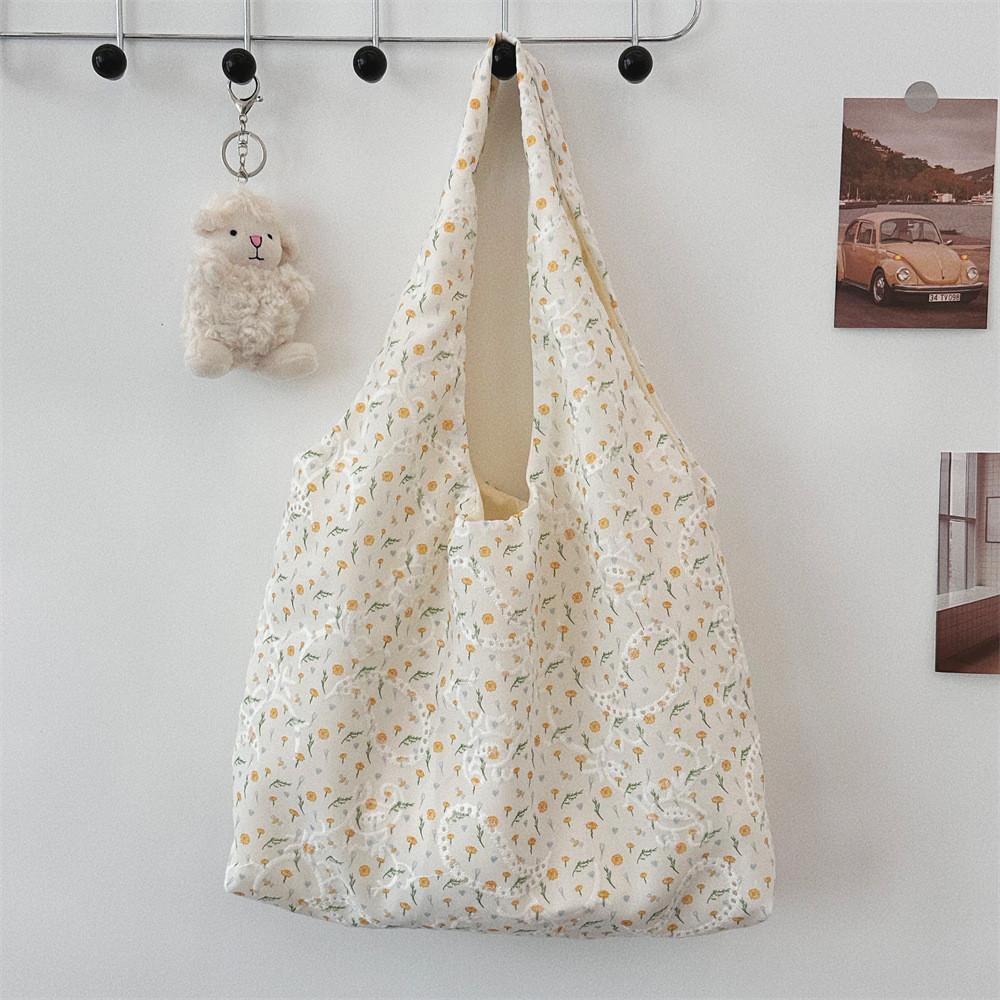

Street Chic Embroidery Flower Canvas Tote Bag With Open Top And Soft Structure Dandelion