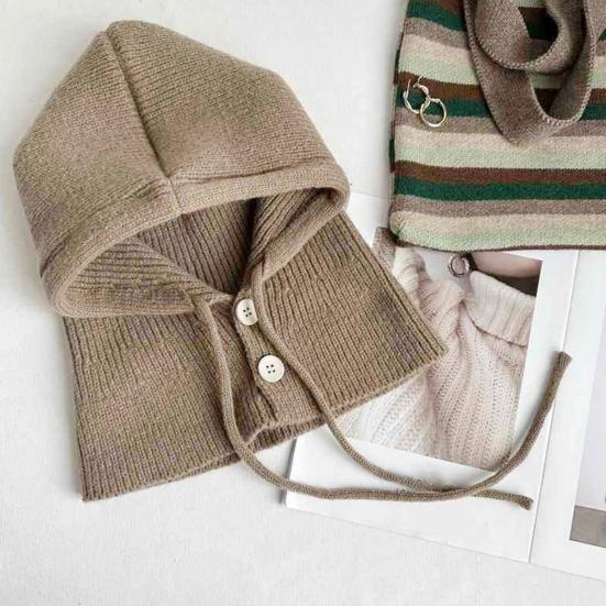 Knitting Hat Solid Color Buttons Closure Drawstring Hooded Scarf Women Winter Warm Windproof Elastic Thermal Hat