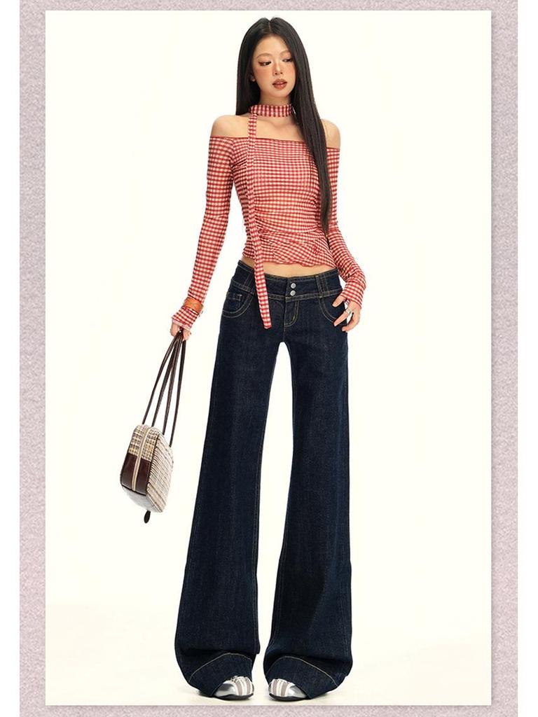 25. OOTD: Americké Retro Tmavě Modré Micro-Flare Volné Zeštíhlující Dlouhé Džíny