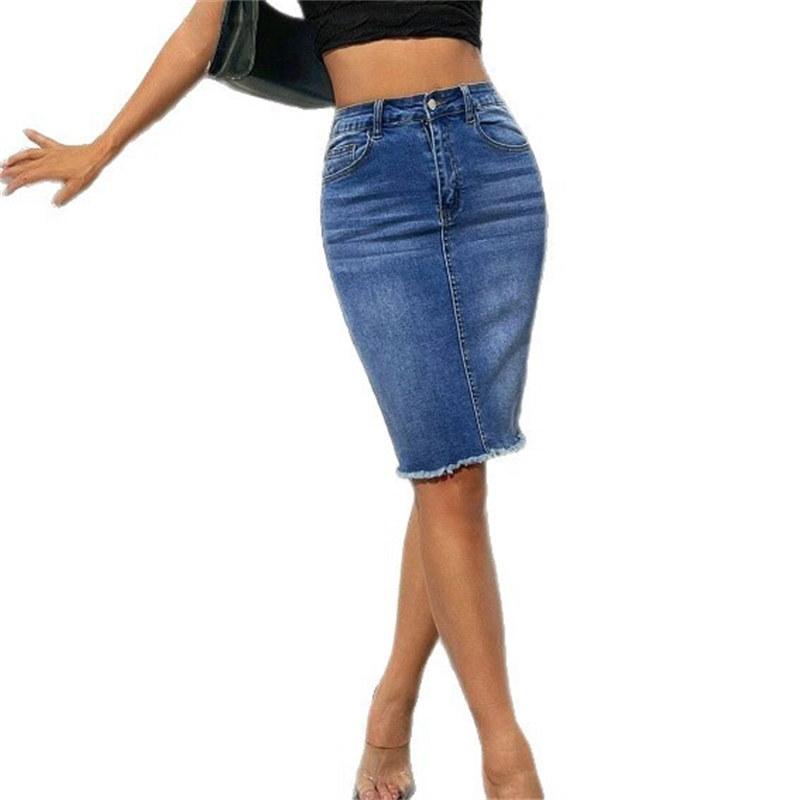 Women Fashion High Waist Denim Skirts Ladies Stretch Jeans Knee Length Casual Bodycon Dress Skirt