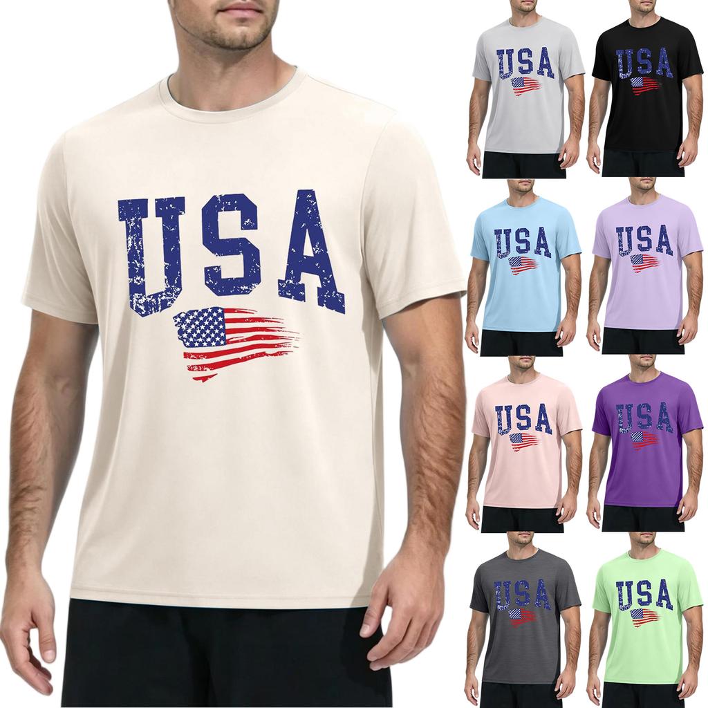 Men's Quick Dry Short Sleeve T Shirt Lightweight Breathable Fitness Running Gym Workout Tee USA Graphic Print Casual Top