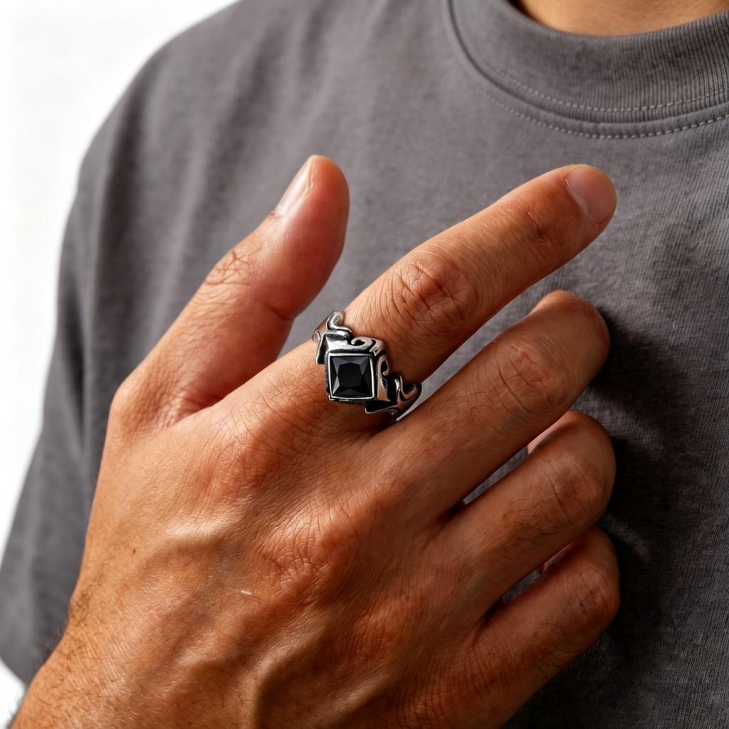 Vintage Black Zircon Ring for Men Women,Stainless Steel Antique Silver Color Signet Ring,Gothic Punk Statement Jewelry Gift