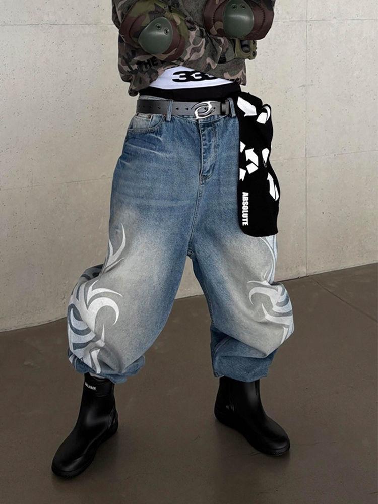 Y2K American Vintage Mottled Totem Print Baggy Jeans Women's High Waist Wide Leg Jeans Women's Harajuku Trendy Hip-hop Jeans