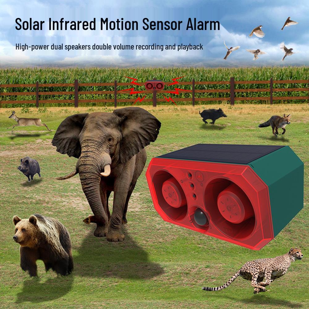 High-Power Dual Speaker Solar Animal Repeller with Infrared Sensor and Red/Blue Strobe Light