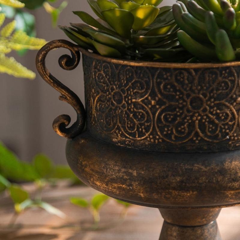 Antique Iron Planter Pot Featuring Round Shape And Embossed Pattern For Garden Terraces Home Indoor Outdoor Decoration