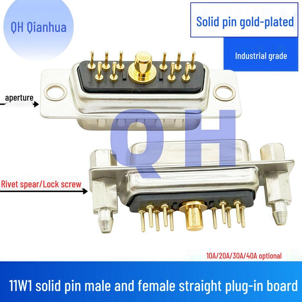 11W1 Male-Female Gold-Plated Solder Plug: High Current, 180° Straight Pin Connector