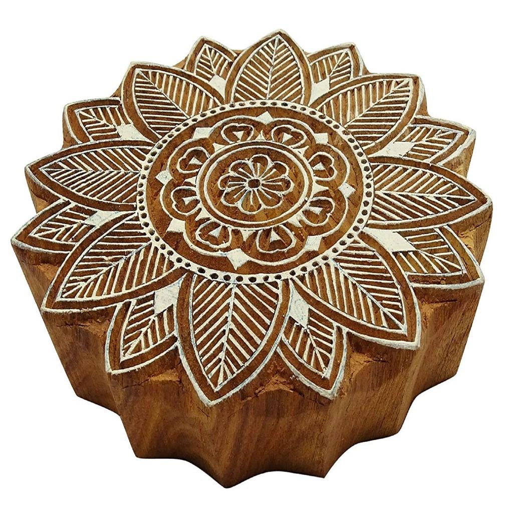 Hand Carved Floral Pattern Textile Wood Stamp Printing Blocks Wooden Block