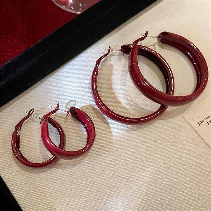 Vintage Red Large Small Circle Hoop Earrings for Women Simple Geometric Round Glossy Huggie Earrings Party Jewelry Gift