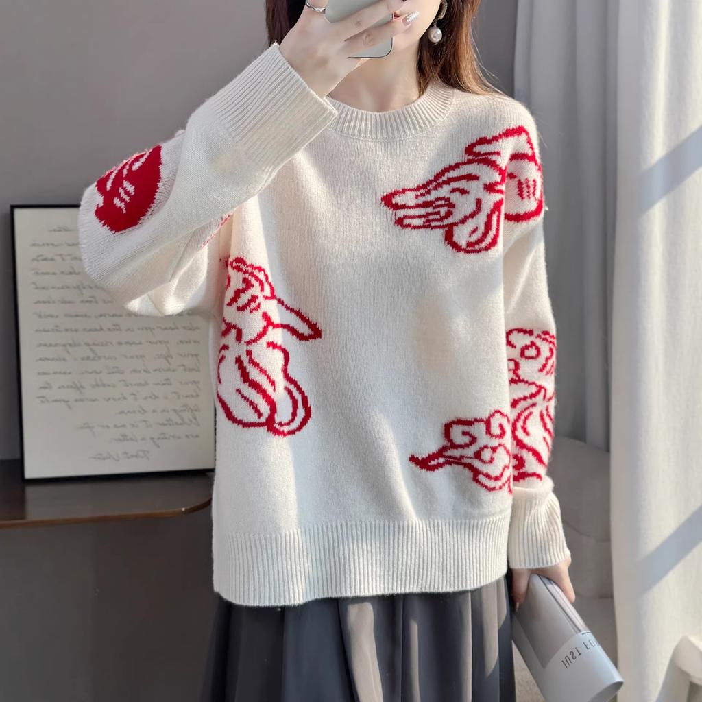 Autumn And Winter New Wool Crew Neck Knitted Sweater New Year'S Good Luck Jacquard Red Bottoming Shirt Women