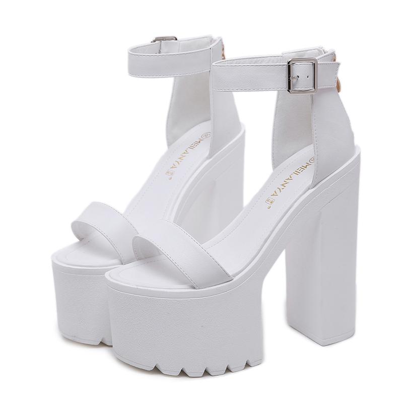 Fashion Summer Sexy 14cm Platform High Heels Buckle Strap Open Toe Sandals Chunky Heel Women Pumps Party Prom Shoes