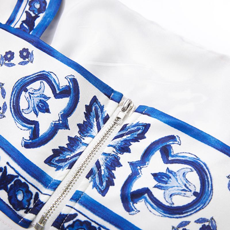 Elegant Porcelain Pattern Two Piece Set Women Flower Print Short Crop Top Pleated Maxi Skirt Suits Female Patchwork Vintage Strap Sets 2024