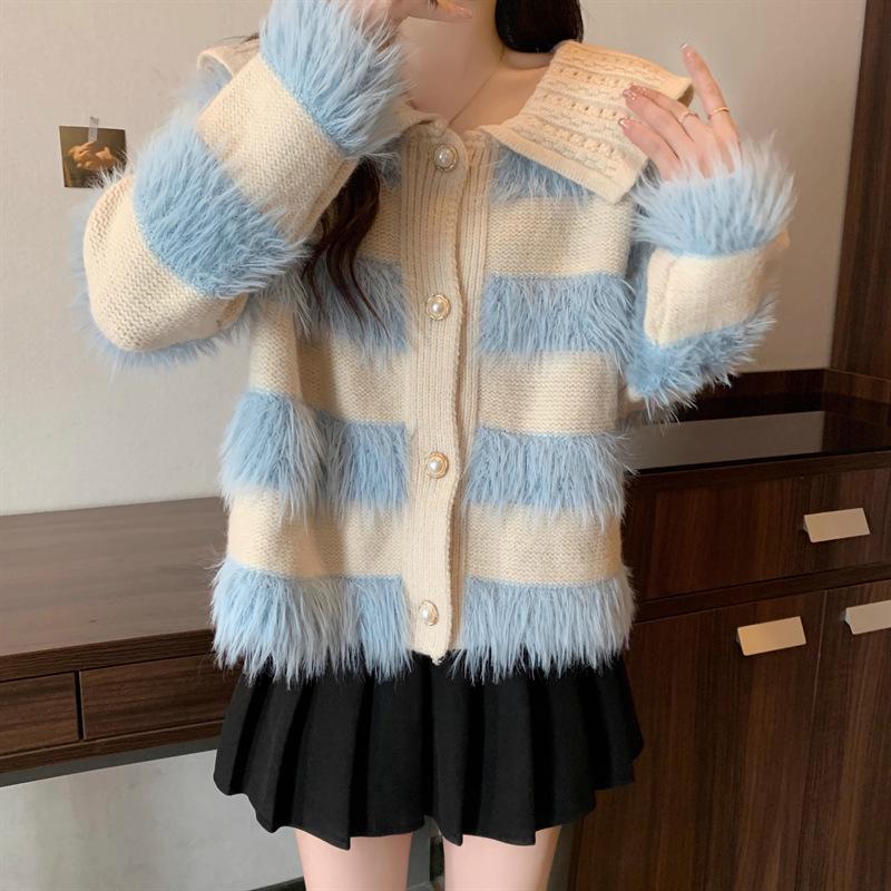 2024 Autumn/Winter Age-Defying Doll Collar Patchwork Stripe Plush Knit Sweater in Lazy Style