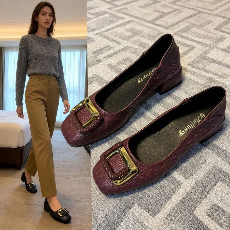 Square Buckle Temperament Single Shoes Women's Autumn New Shallow Mouth Square Head Soft Sole Women's Shoes Gentle French Low Heels