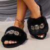 Fashion Winter Women's Home Faux Fur Warm Open Toe Slippers Fashionable Crystal Decorated Flat Bottom Lightweight Comfortable Slippers