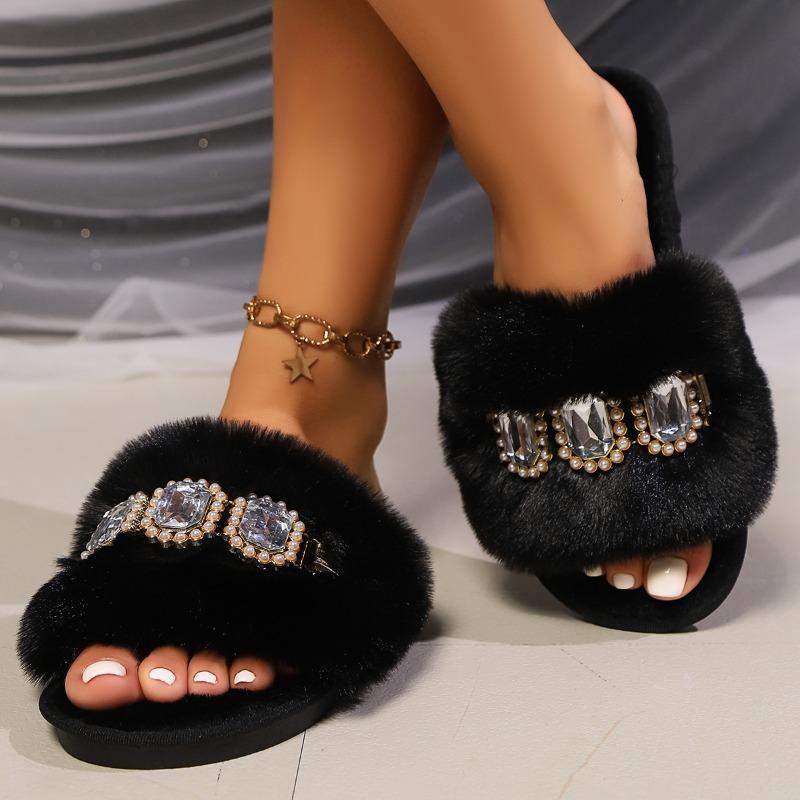 Fashion Winter Women's Home Faux Fur Warm Open Toe Slippers Fashionable Crystal Decorated Flat Bottom Lightweight Comfortable Slippers