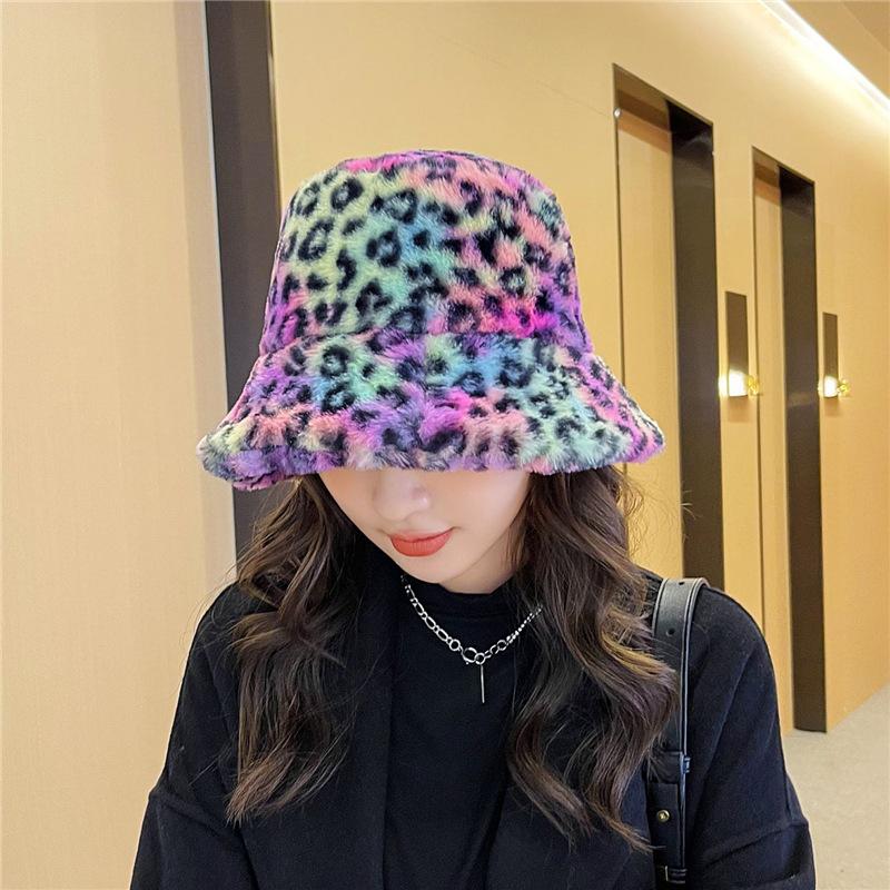 Dye Leopard Tie Print Plush Retro Fisherman Hat Thickened Warm Accessories Girl