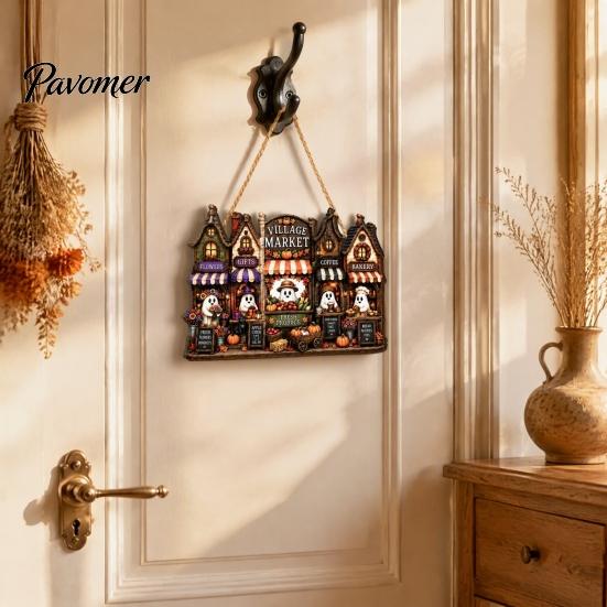 Festive Castle Pattern Plaque Halloween Wooden House Hanging Pendant with Hemp Rope for Wall Door Trick or Treat Party Props Decoration, Haunted