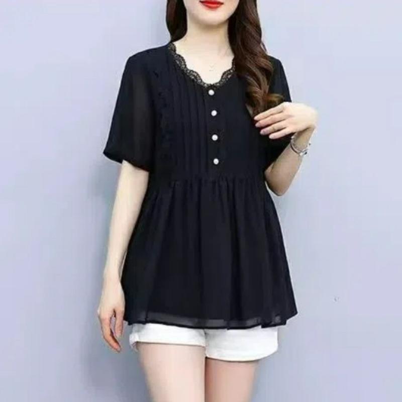 Women Stylish Ruffled Lace Patchwork Elegant Shirt Summer V Neck Short Sleeve Chiffon Blouse Black Loose Chic Tops Casual Blusas