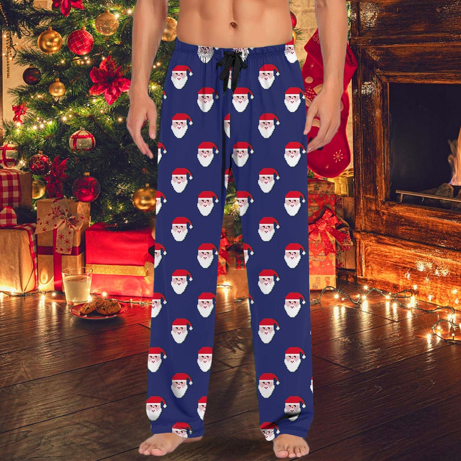 

Men s Drawstring Elastic Waistband Wide Leg Christmas Pants Printed Casual Pants XL темно-синього кольору