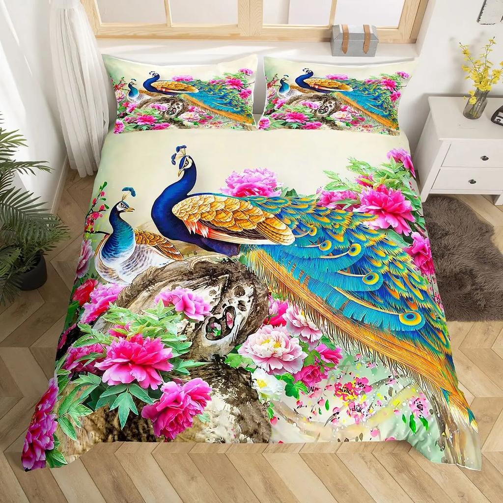 Peacock Feather Duvet Cover Set Full Queen Size Birds Feather Bedding Sets Chic Fantasy Peacock Feathers Comforter Cover 3 Pcs