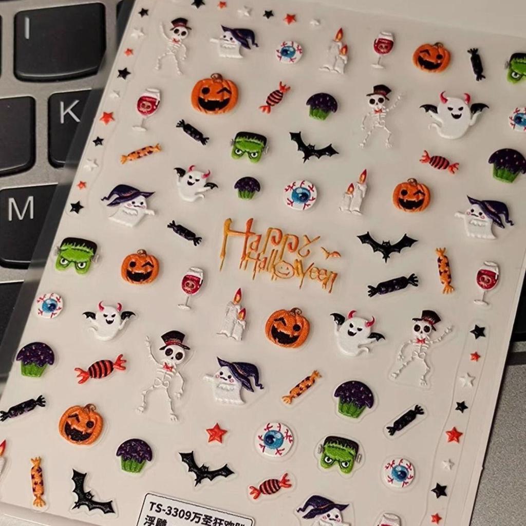 3D Halloween Nail Art Stickers: Cute Cartoon Pumpkin & Ghost Design