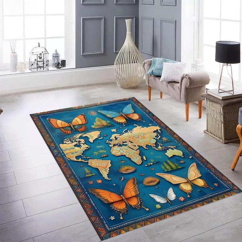 Black Butterfly Accent Rug - Checkered Border Area Mat -Floral Butterfly Anti-Slip Carpet-Vintage Rug-Colorful Indoor Square Rug 40x60cm