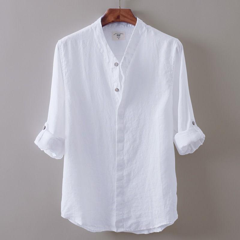 Premium Men's Loose Cotton And Linen Shirts With V-neck For Ultimate Comfort