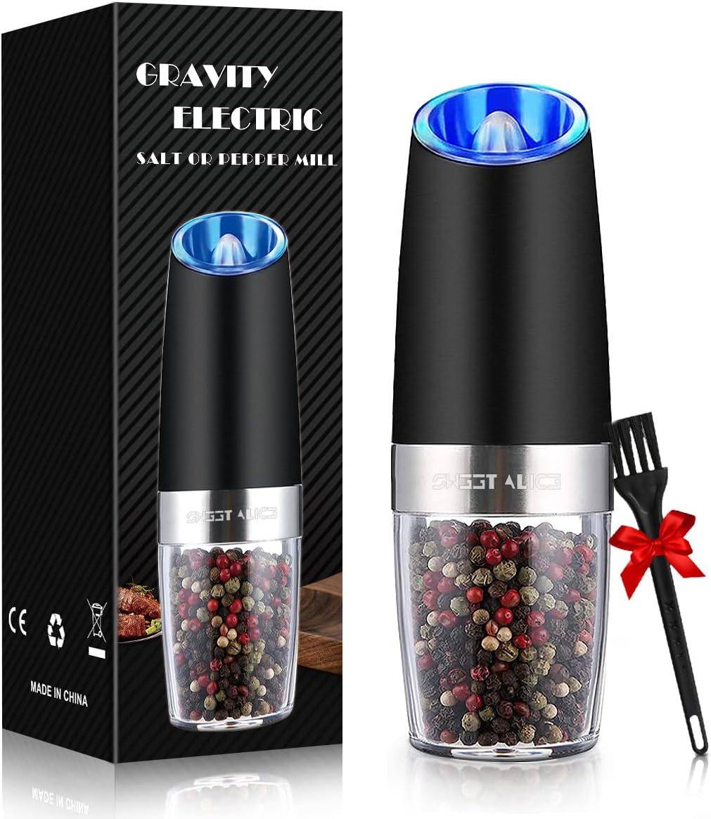 

Gravity Electric Pepper Grinder Salt Grinder with LED Light, Battery Operated, Adjustable Coarseness Washable 135ml Container