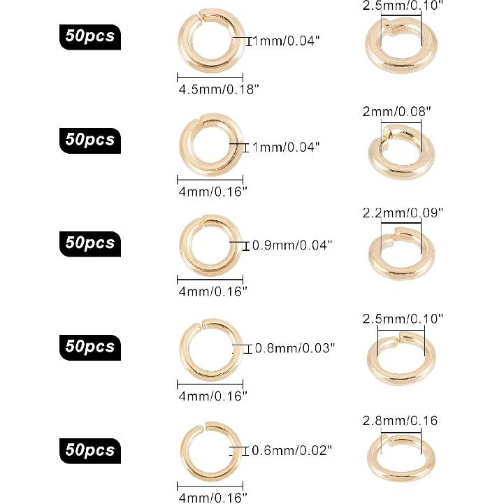 

PH PandaHall 18K Gold Plated Open Jump Rings 250pcs 5 Sizes Rings Connectors Charms Brass Round Rings 18/19/20 Gauge Jewelry O Rings for Earring 4mm 4.5mm золотистый
