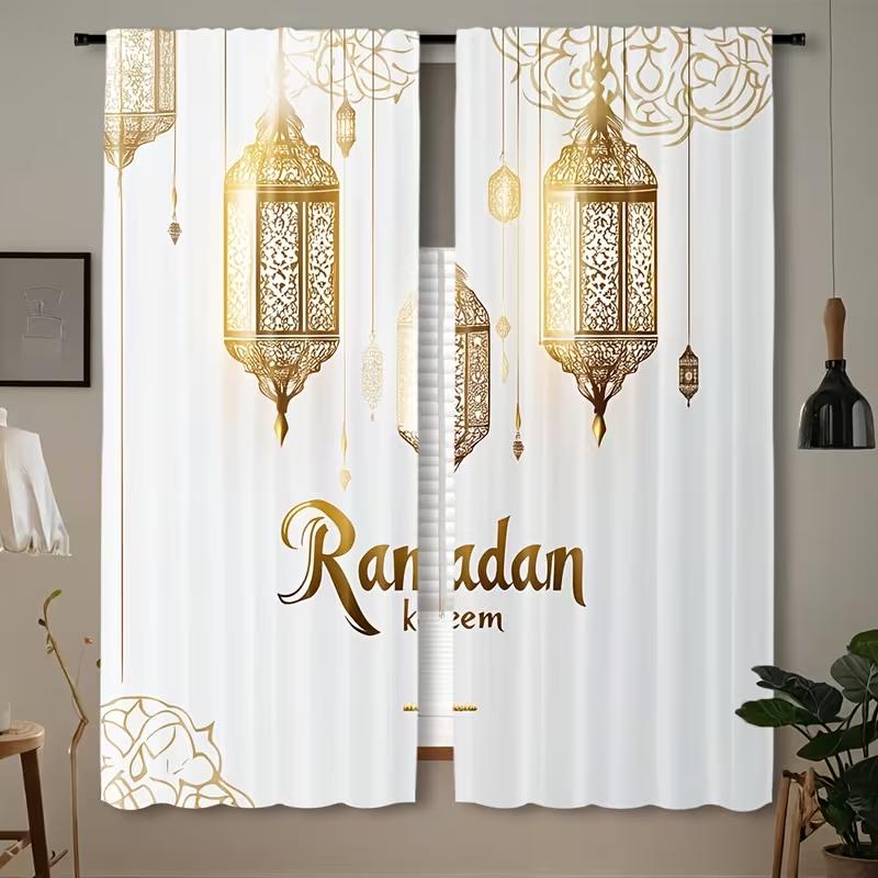 2PC Ramadan Lantern Curtains Gold Islamic Print Light Filtering Drapes Festive Home Decor for Living Room Bedroom
