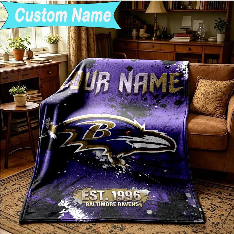 1PC Custom Name Blanket Ravens Team Spirit Flannel Blankets Patterns Throw Blanket All-Season Soft Gift for Couch, Bed, Camping, Birthday Gifts