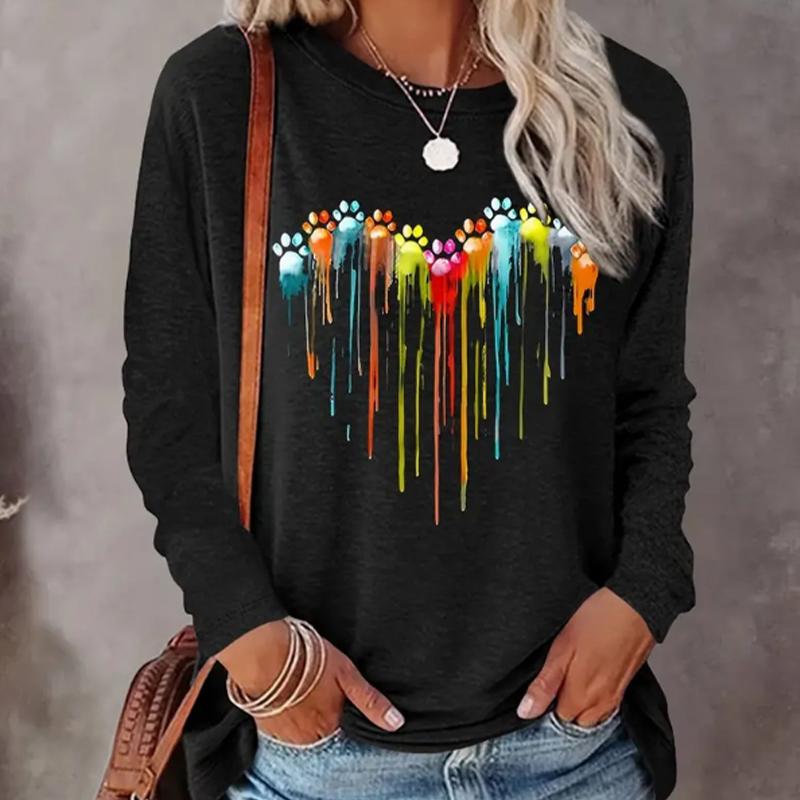 

Топы для женщин, футболка с круглым вырезом и длинными рукавами и принтом «Сердце и счастье», осенний повседневный тонкий пуловер, женский топ с длинными рукавами 8XL чёрный