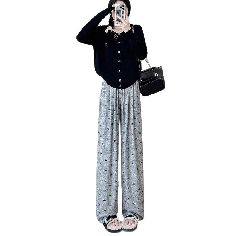Women's Lazy Style Bow Print Wide-Leg Casual Pants - Relaxed Fit, Petite Glutinous Rice Design