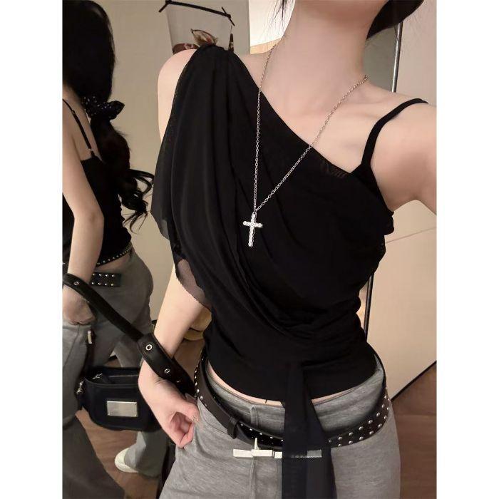 Summer new pure desire wind irregular slanted shoulder mesh sling vest women's design streamer slim top