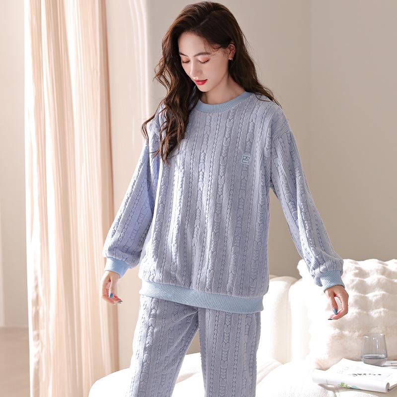 Coral Fleece Pajamas Women'S Winter Thickened Fleece Pullover Flannel Suit Can Be Worn Outside Warm Loungewear In Autumn And Winter
