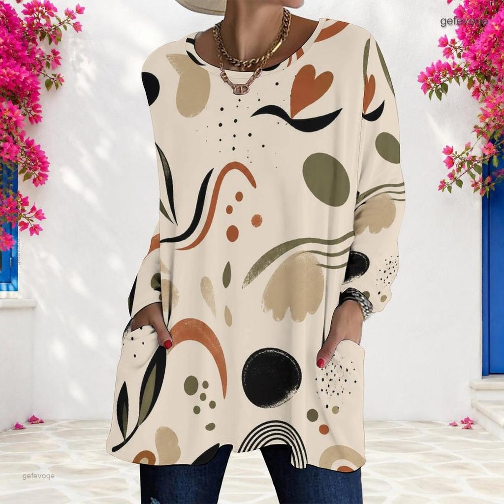 Women Plus Size Round Neck Long Sleeve Geometric Printed Loose Longline T Shirt With Pockets