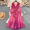 Fashion Bohe Women Mesh Party Long Dress V Neck Long Sleeves Gradient Lace Up A Line Sundress Pleated Maxi Dress