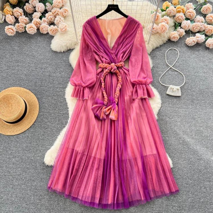 Fashion Bohe Women Mesh Party Long Dress V Neck Long Sleeves Gradient Lace Up A Line Sundress Pleated Maxi Dress