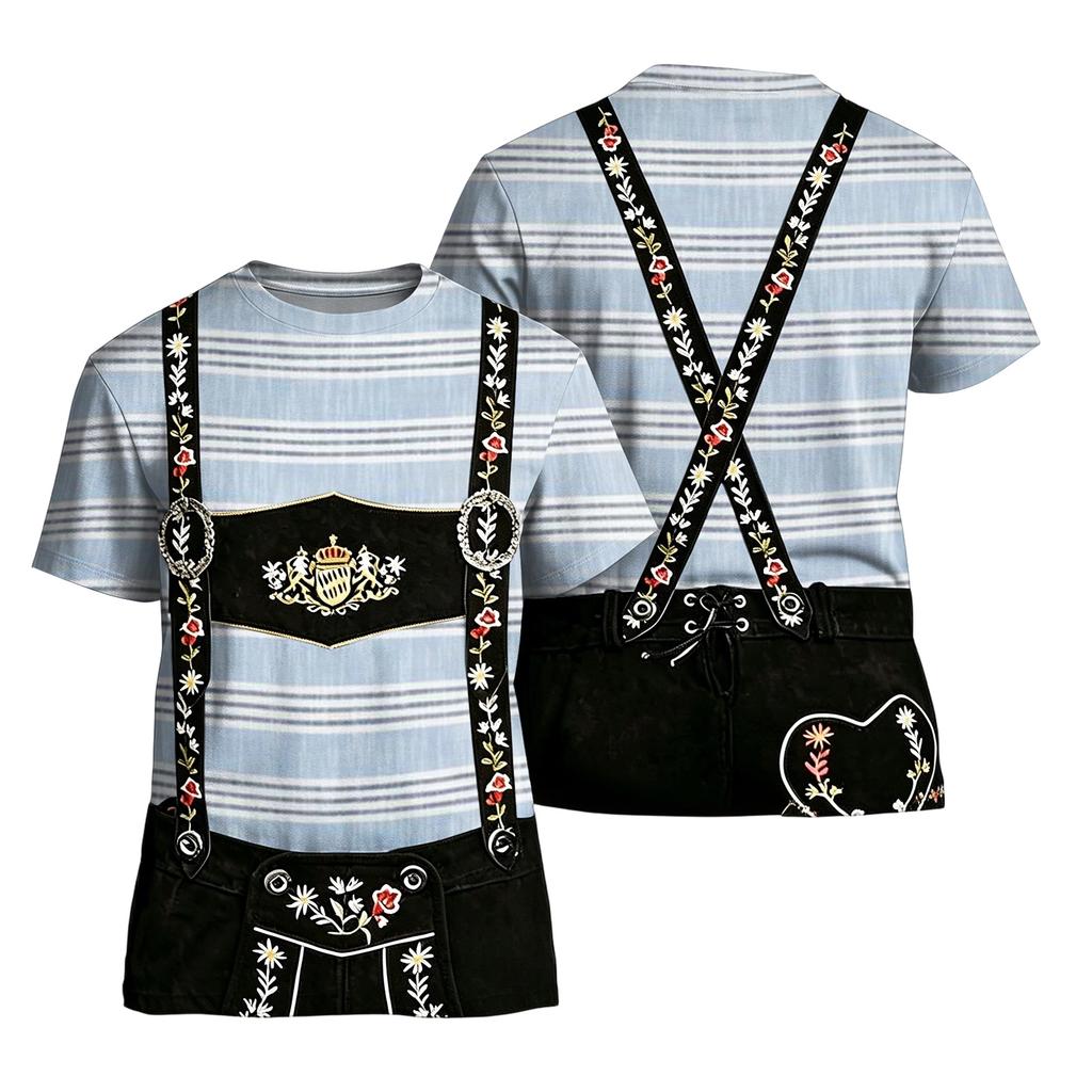 T-shirt da uomo per l'Oktoberfest con stampa testurizzata vintage, manica corta, vestibilità larga, casual, estiva, per uso quotidiano, top con bretelle grafiche e ricami
