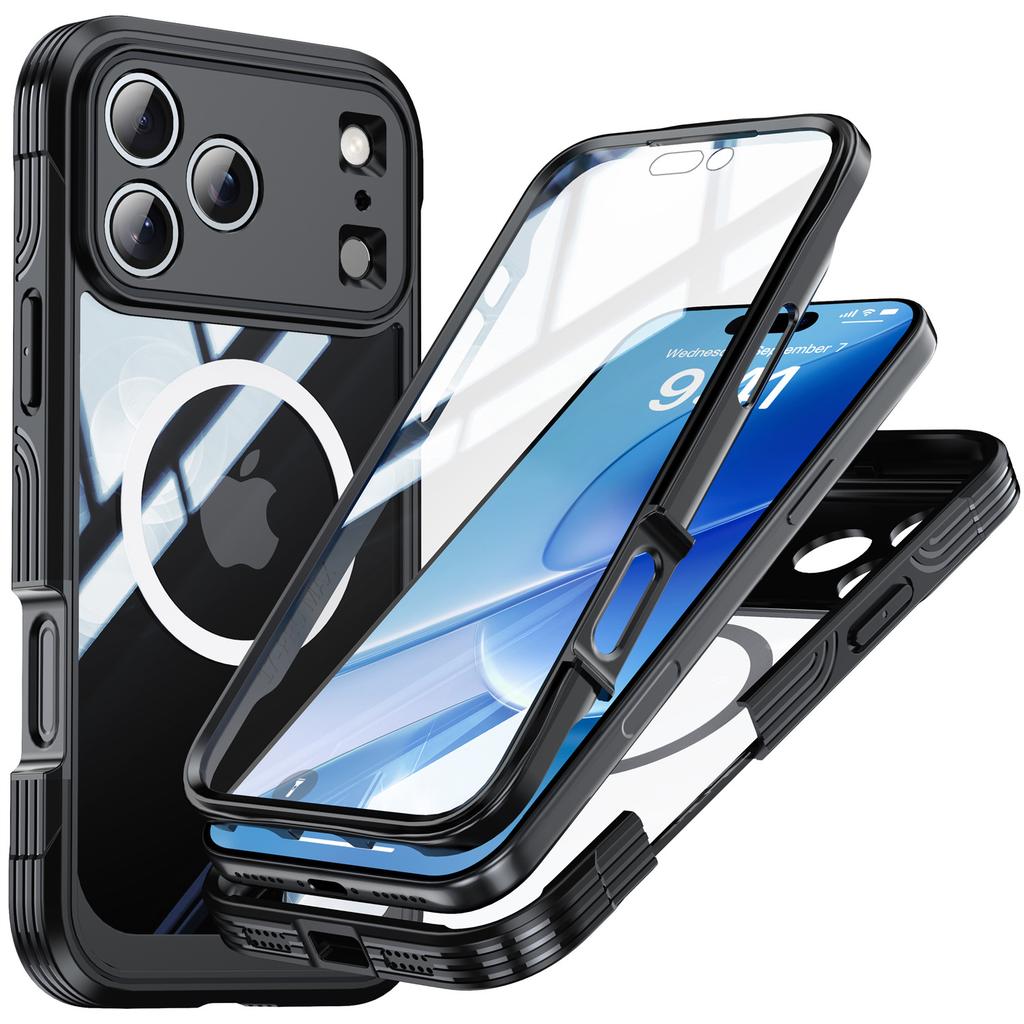 For iPhone 17 Pro Max Magnetic Case PC+TPU Phone Cover with Tempered Glass Screen Film
